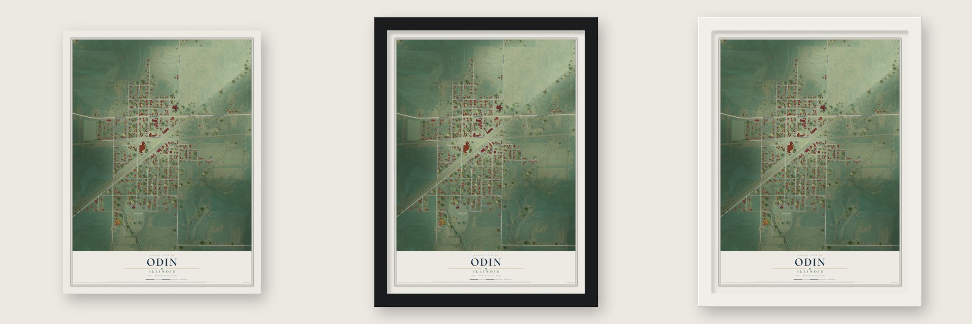 Odin, Illinois map unframed, in a black wood frame and in a white wood frame
