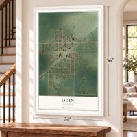 Odin, Illinois map, 24 x 36 inch print in a white frame by a staircase