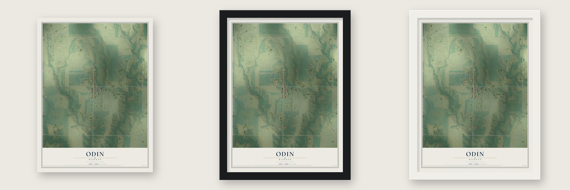 Odin, Kansas map unframed, in a black wood frame and in a white wood frame