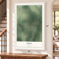 Odin, Kansas map, 24 x 36 inch print in a white frame by a staircase