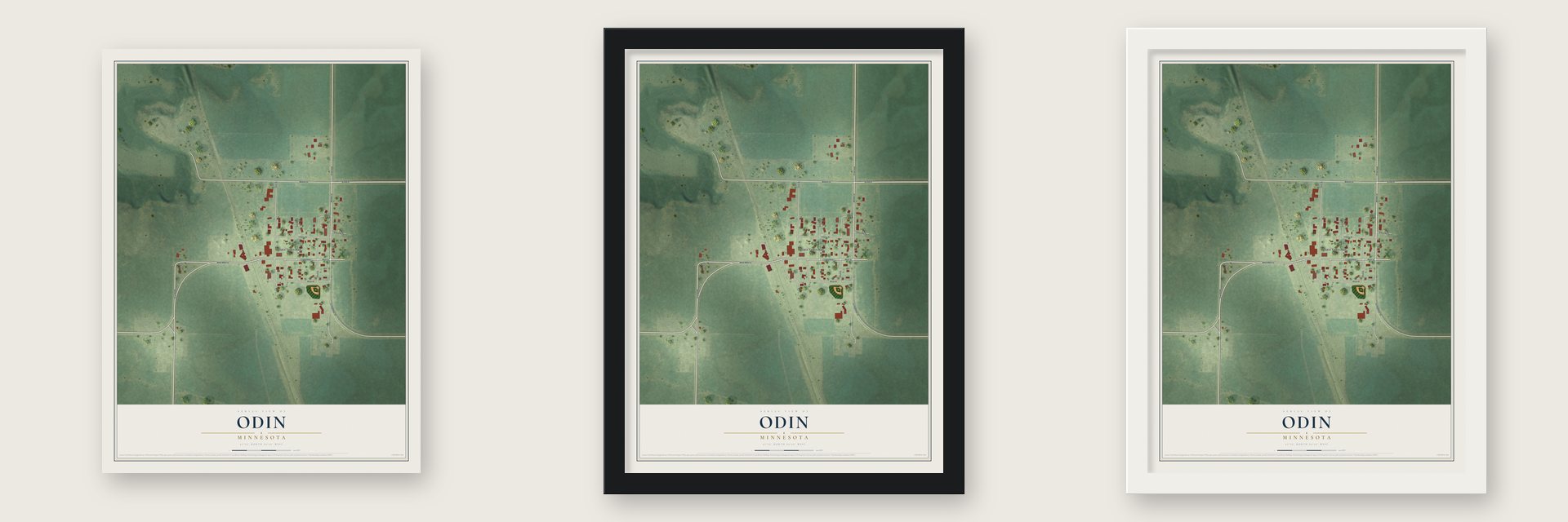 Odin, Minnesota map unframed, in a black wood frame and in a white wood frame