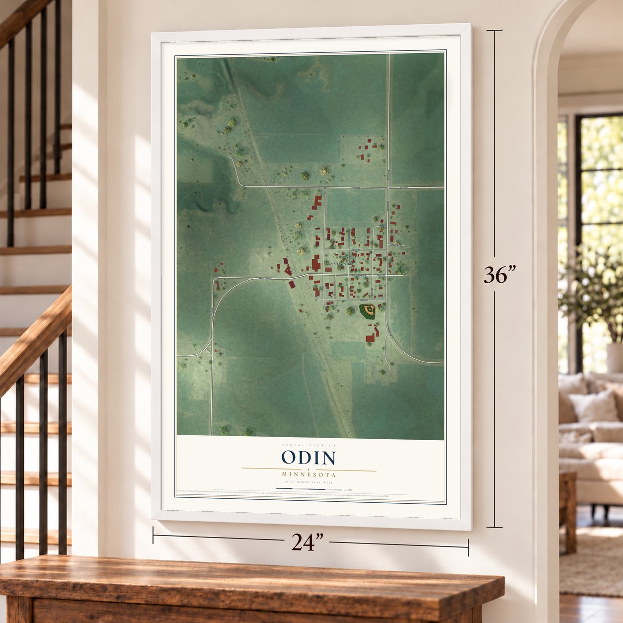Odin, Minnesota map, 24 x 36 inch print in a white frame by a staircase