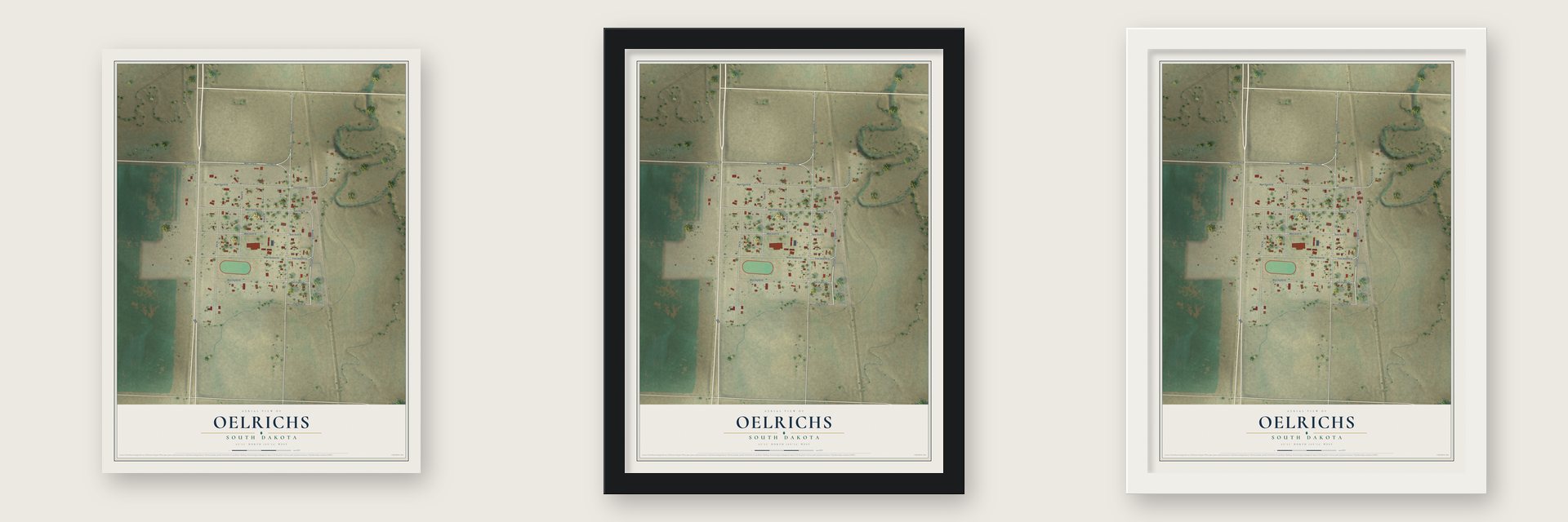 Oelrichs, South Dakota map unframed, in a black wood frame and in a white wood frame