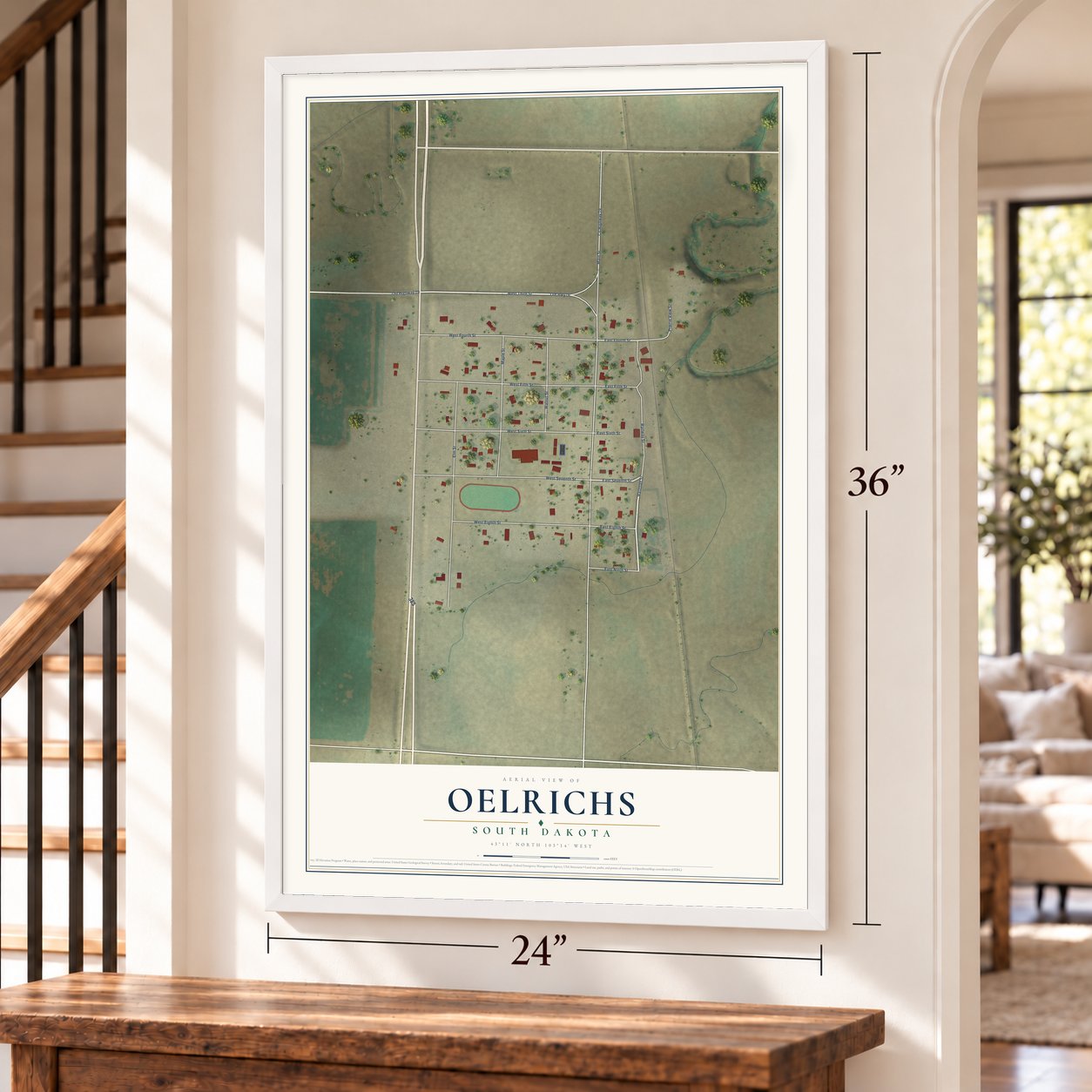 Oelrichs, South Dakota map, 24 x 36 inch print in a white frame by a staircase