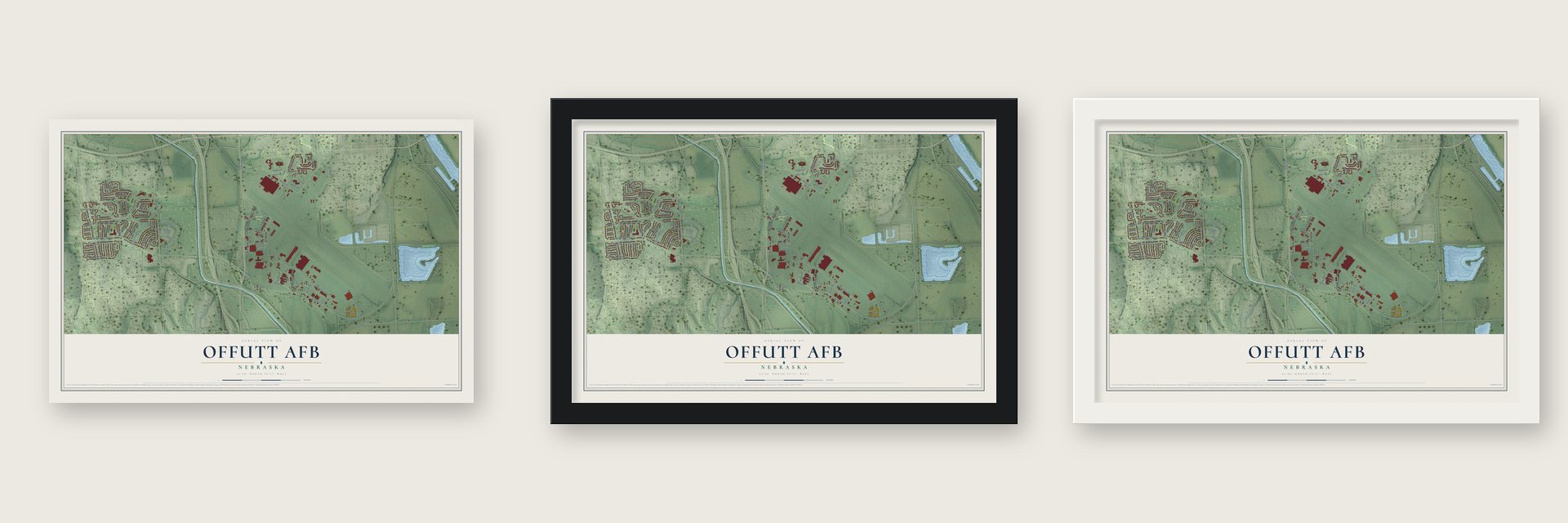 Offutt AFB, Nebraska map unframed, in a black wood frame and in a white wood frame
