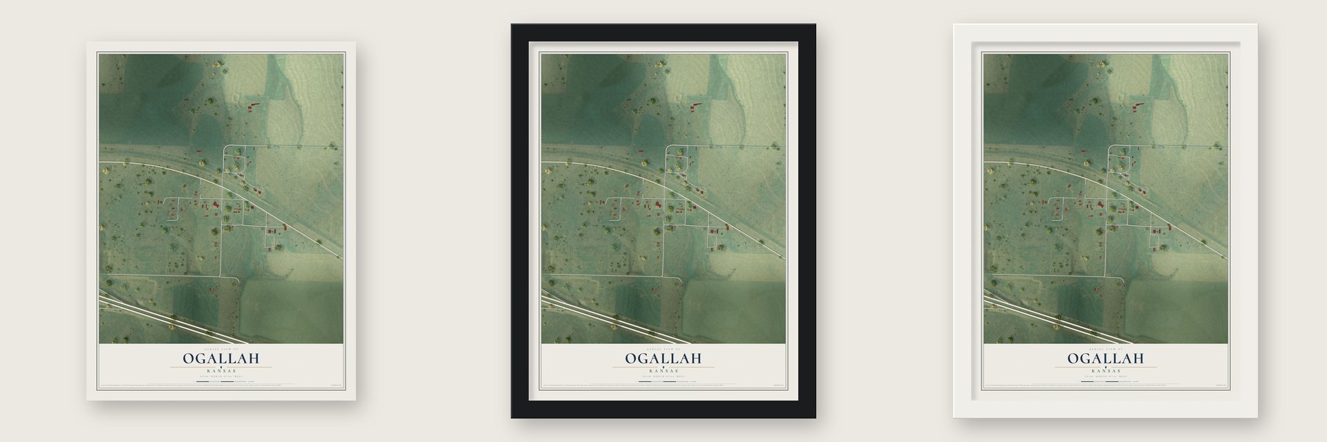 Ogallah, Kansas map unframed, in a black wood frame and in a white wood frame