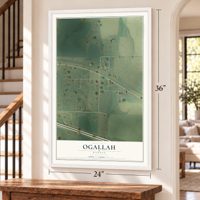 Ogallah, Kansas map, 24 x 36 inch print in a white frame by a staircase