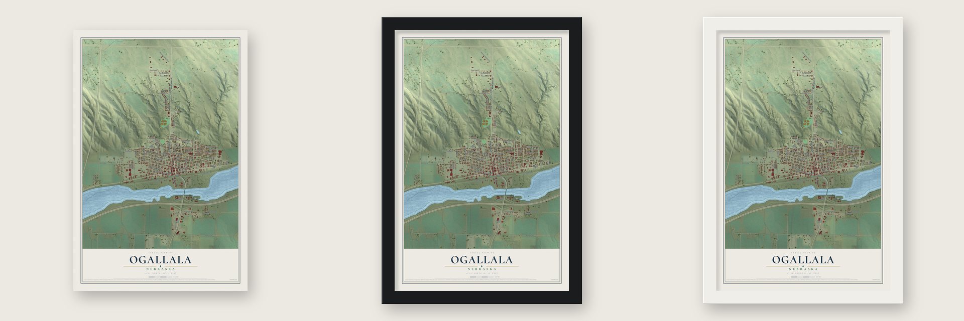 Ogallala, Nebraska map unframed, in a black wood frame and in a white wood frame