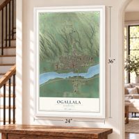 Ogallala, Nebraska map, 24 x 36 inch print in a white frame by a staircase