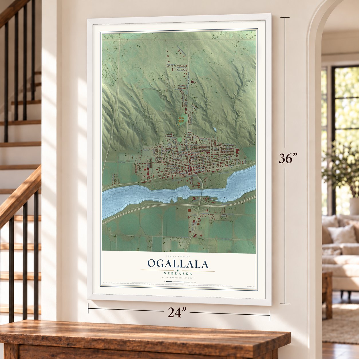 Ogallala, Nebraska map, 24 x 36 inch print in a white frame by a staircase