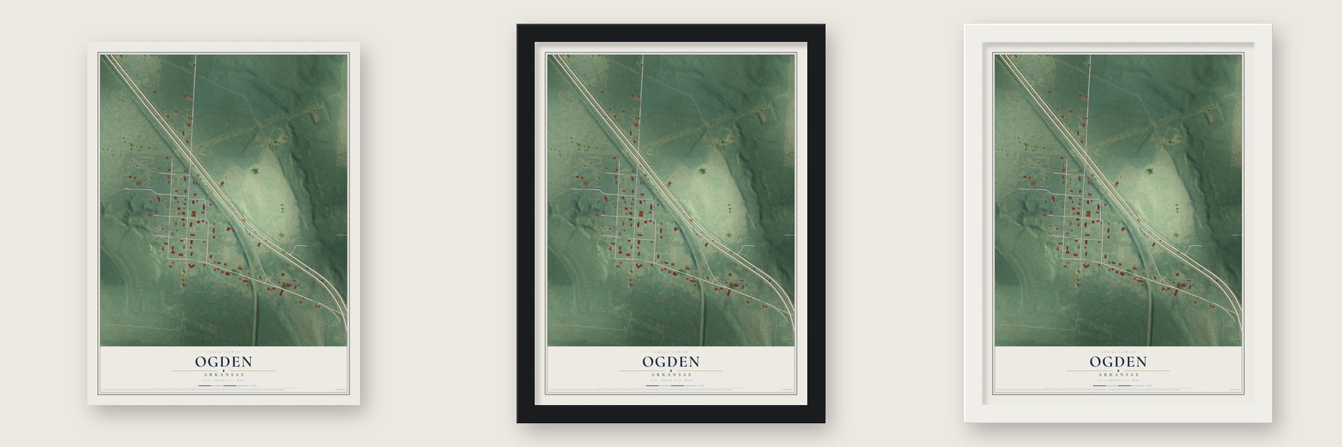 Ogden, Arkansas map unframed, in a black wood frame and in a white wood frame