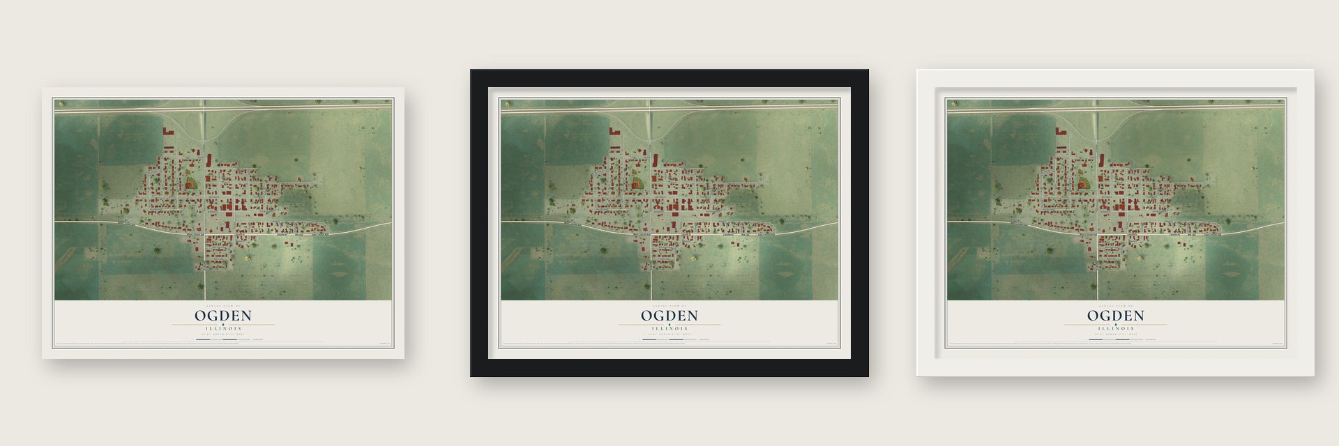 Ogden, Illinois map unframed, in a black wood frame and in a white wood frame