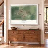 Ogden, Illinois map, 24 x 36 inch print in a white frame above a dresser by a staircase