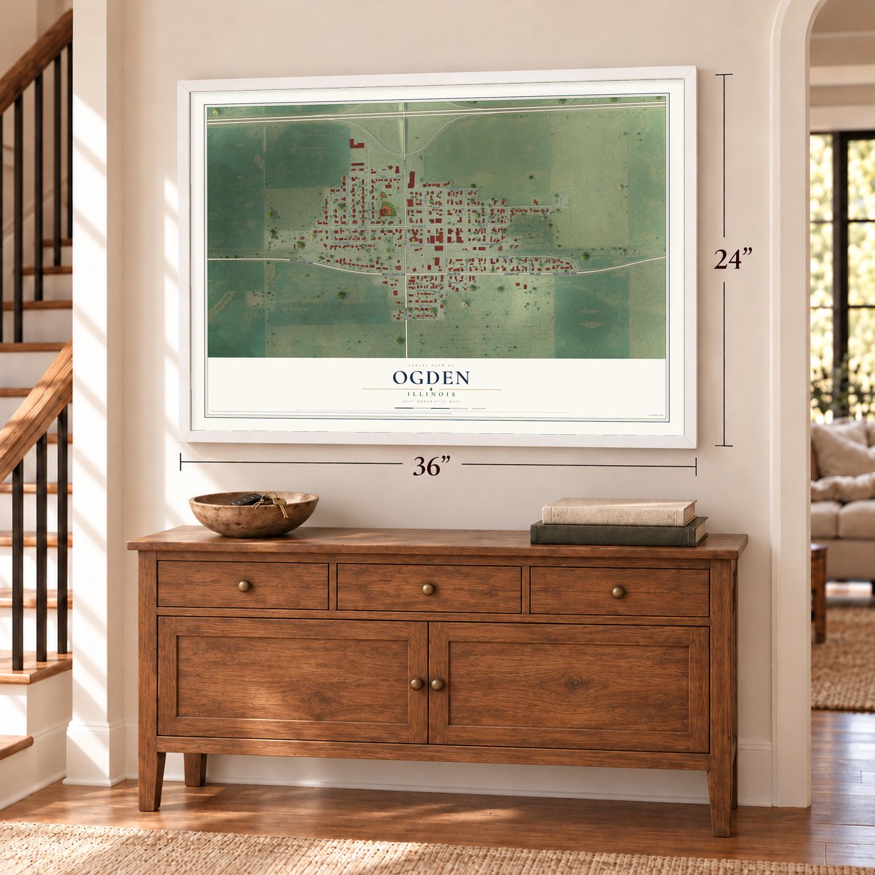 Ogden, Illinois map, 24 x 36 inch print in a white frame above a dresser by a staircase