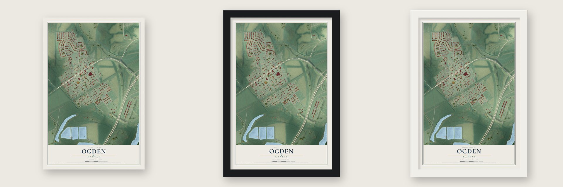 Ogden, Kansas map unframed, in a black wood frame and in a white wood frame