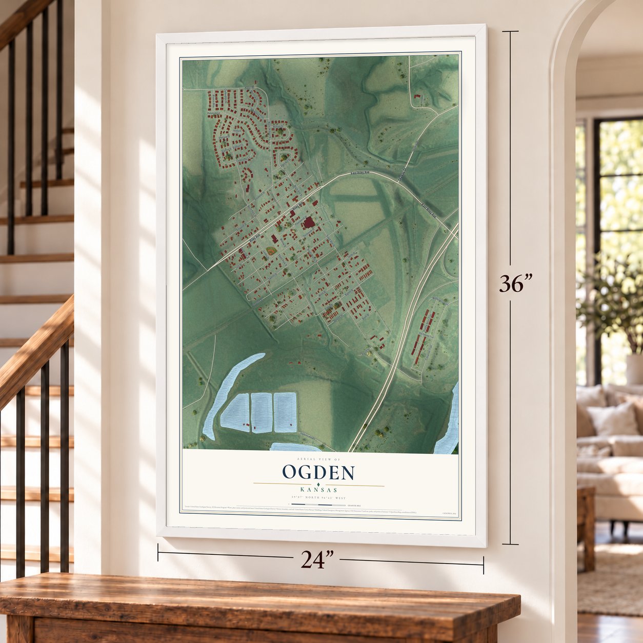Ogden, Kansas map, 24 x 36 inch print in a white frame by a staircase