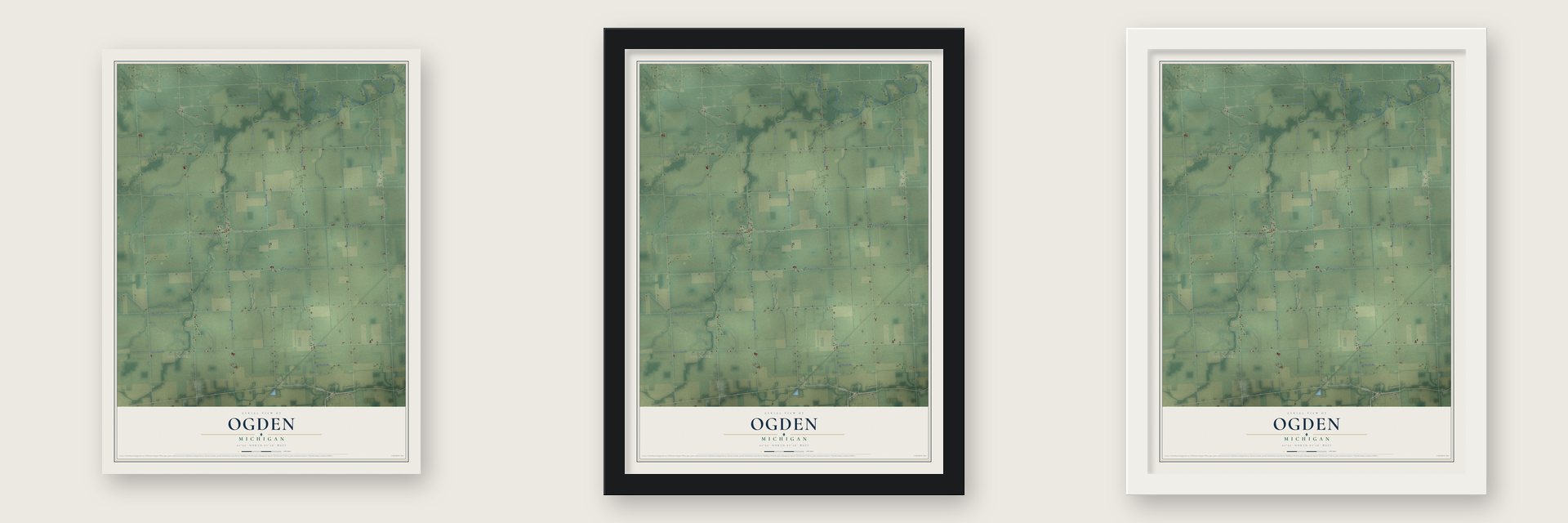 Ogden, Michigan map unframed, in a black wood frame and in a white wood frame