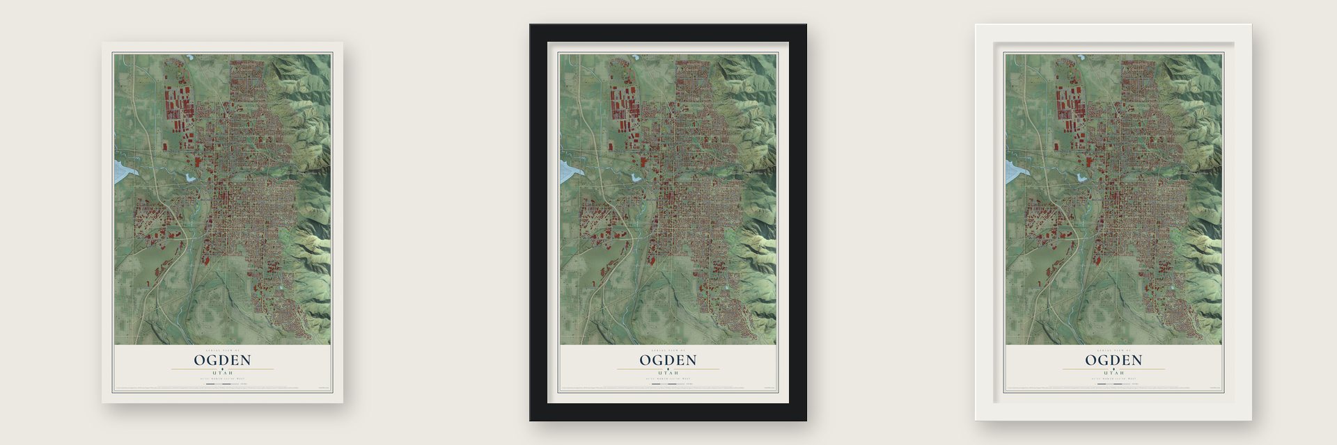 Ogden, Utah map unframed, in a black wood frame and in a white wood frame