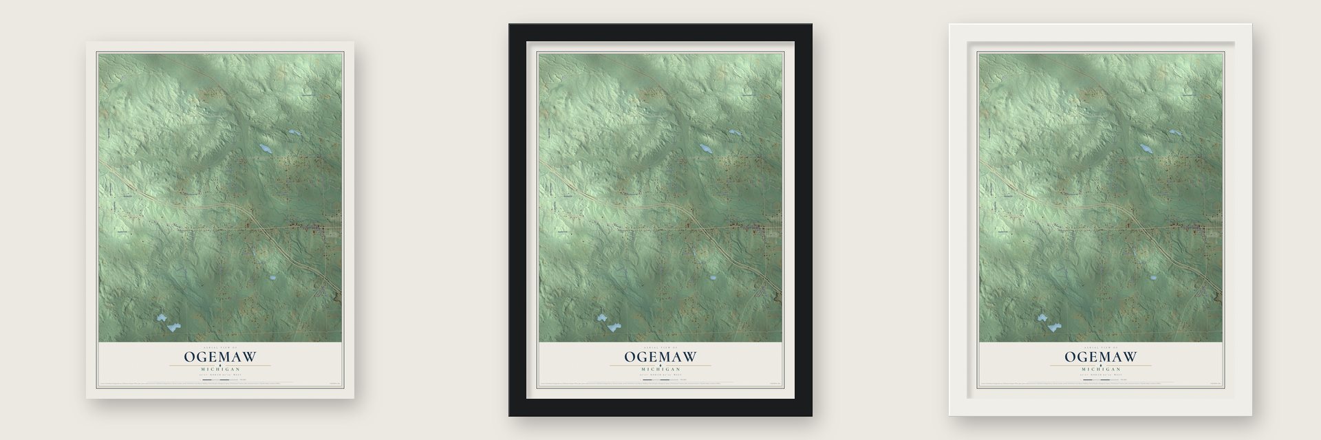Ogemaw, Michigan map unframed, in a black wood frame and in a white wood frame