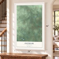 Ogemaw, Michigan map, 24 x 36 inch print in a white frame by a staircase