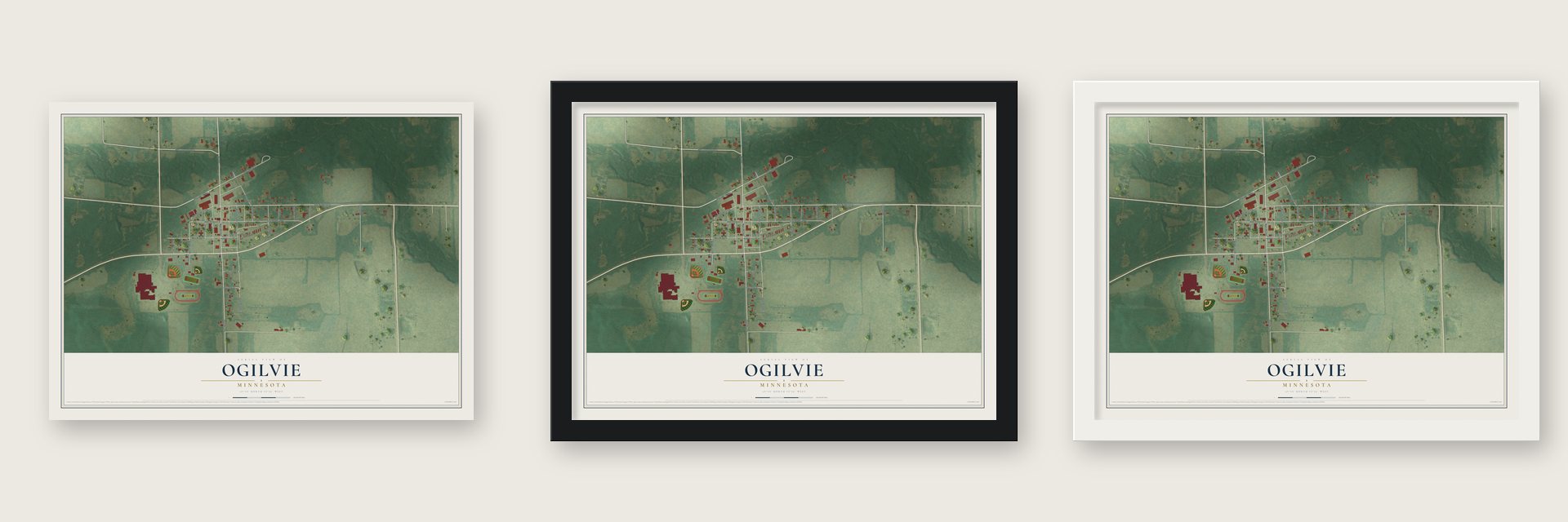 Ogilvie, Minnesota map unframed, in a black wood frame and in a white wood frame