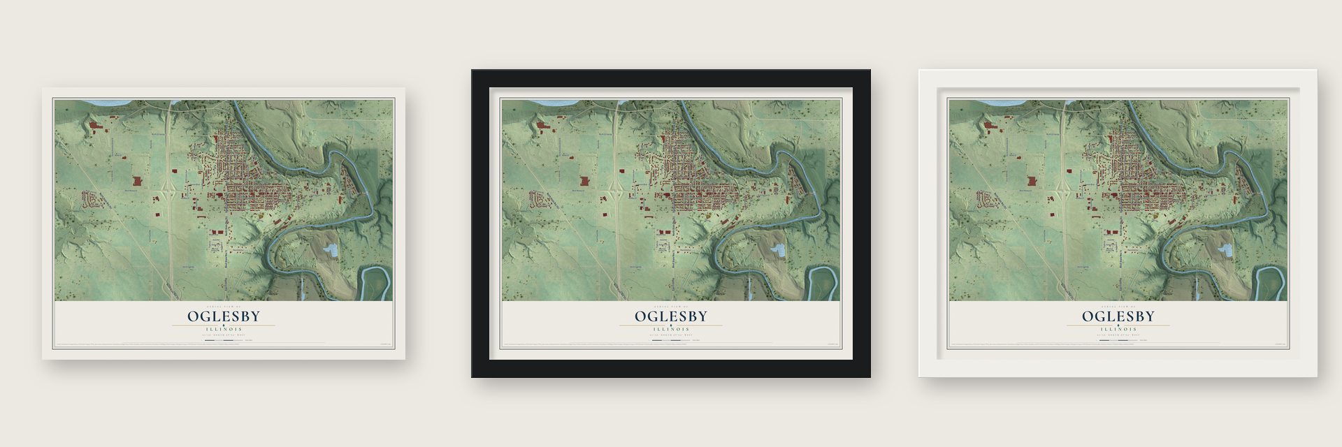Oglesby, Illinois map unframed, in a black wood frame and in a white wood frame