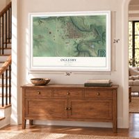 Oglesby, Illinois map, 24 x 36 inch print in a white frame above a dresser by a staircase