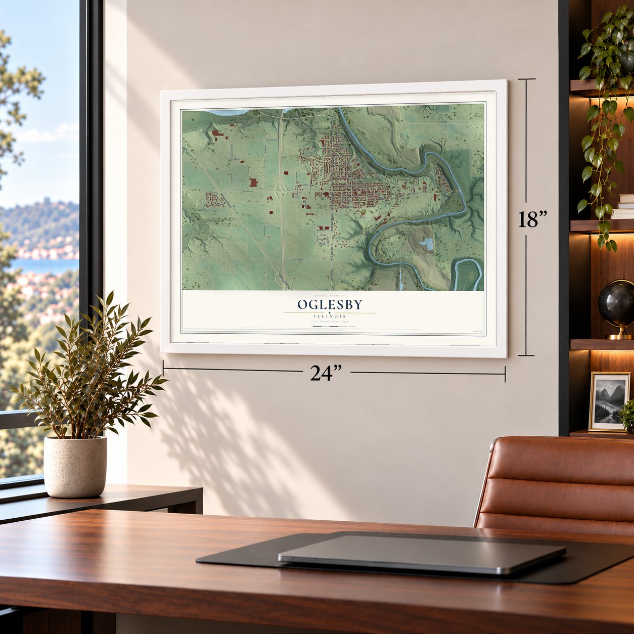 Oglesby, Illinois map, 18 x 24 inch print in a white frame in a home office