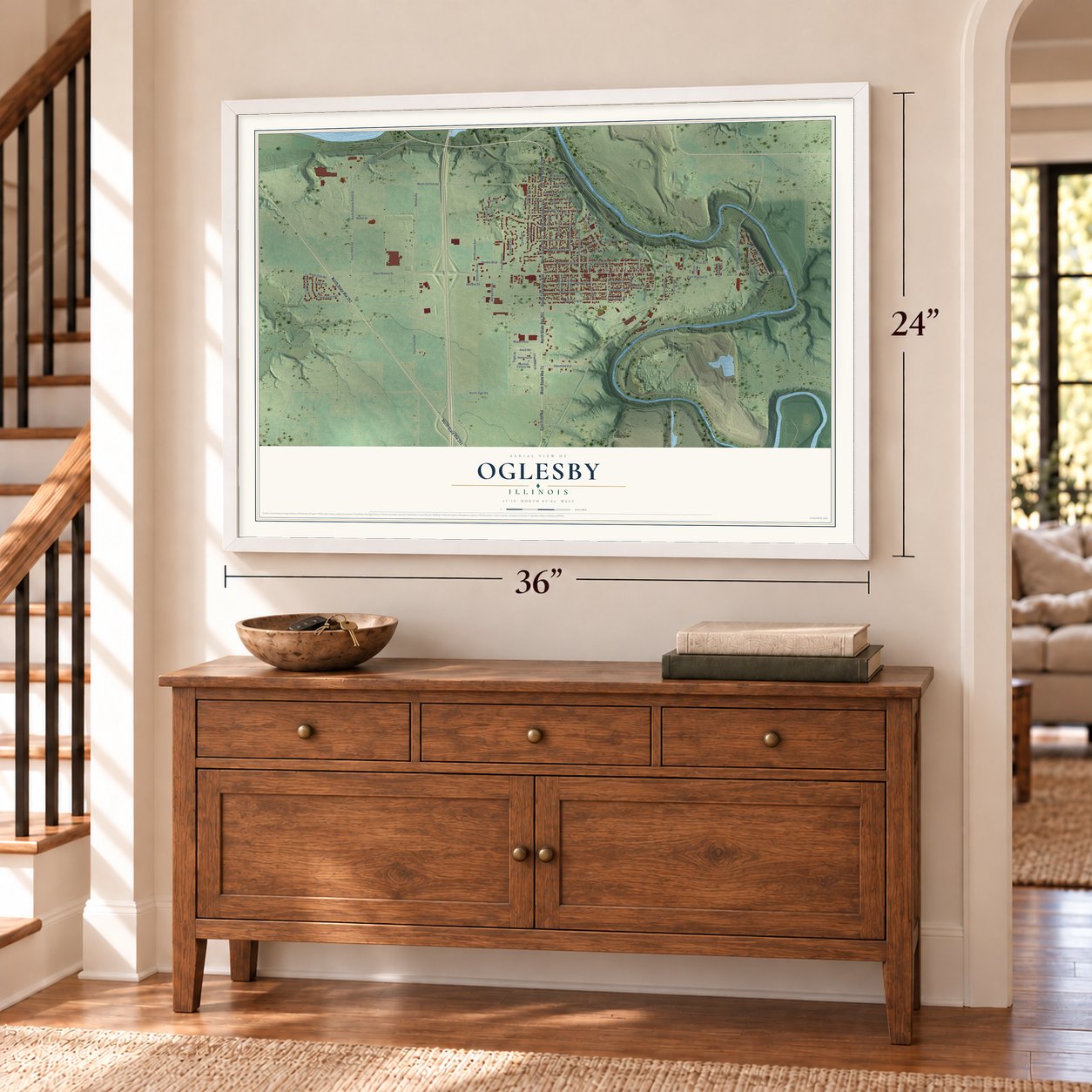 Oglesby, Illinois map, 24 x 36 inch print in a white frame above a dresser by a staircase