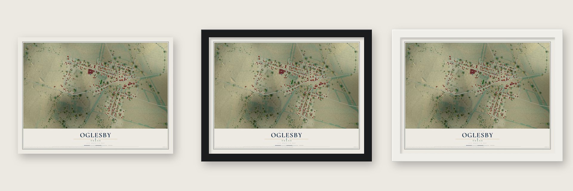 Oglesby, Texas map unframed, in a black wood frame and in a white wood frame