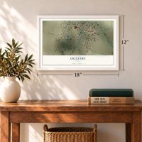 Oglesby, Texas map, 12 x 18 inch print in a white frame in an entryway
