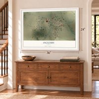 Oglesby, Texas map, 24 x 36 inch print in a white frame above a dresser by a staircase