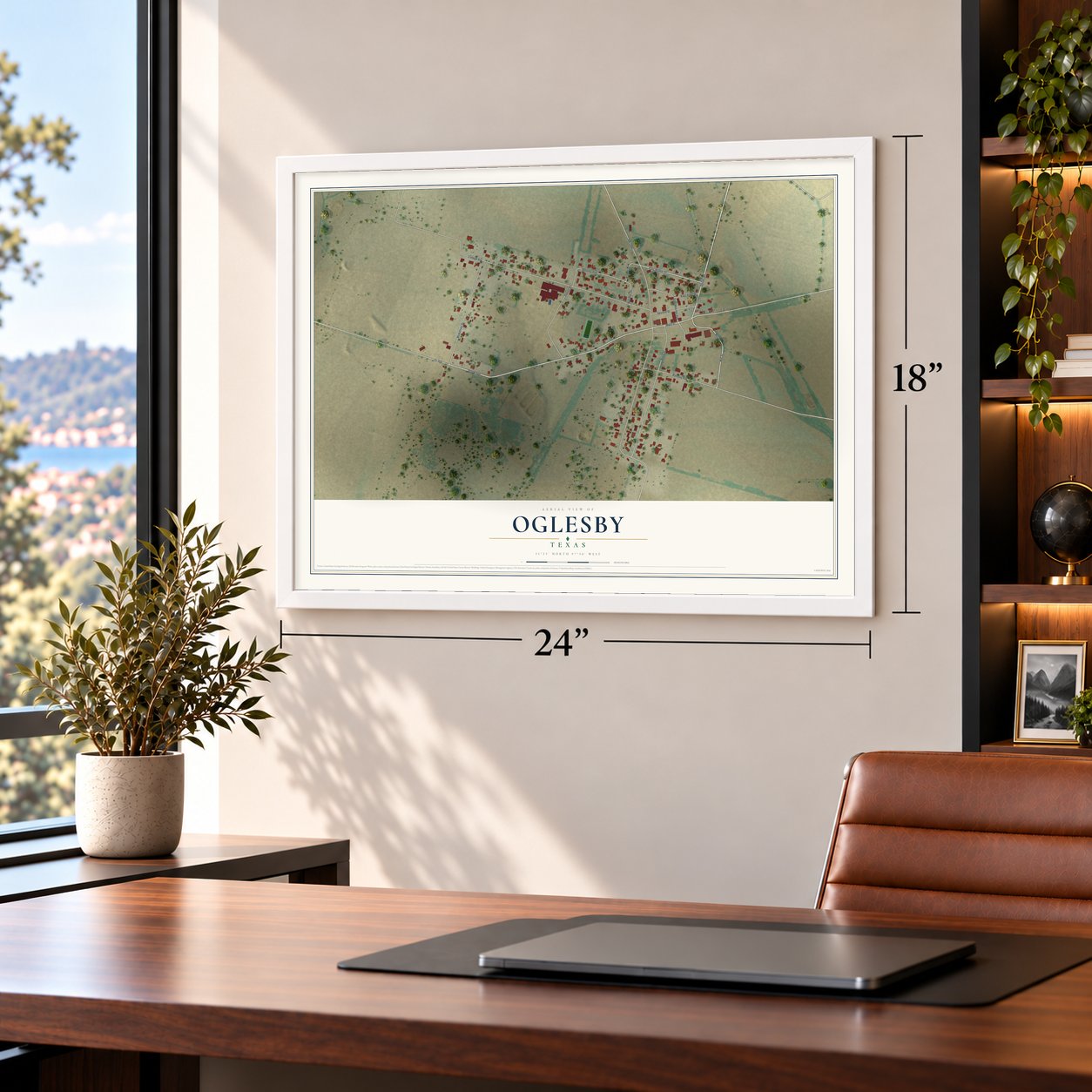 Oglesby, Texas map, 18 x 24 inch print in a white frame in a home office