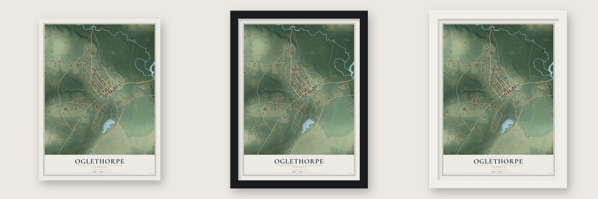 Oglethorpe, Georgia map unframed, in a black wood frame and in a white wood frame