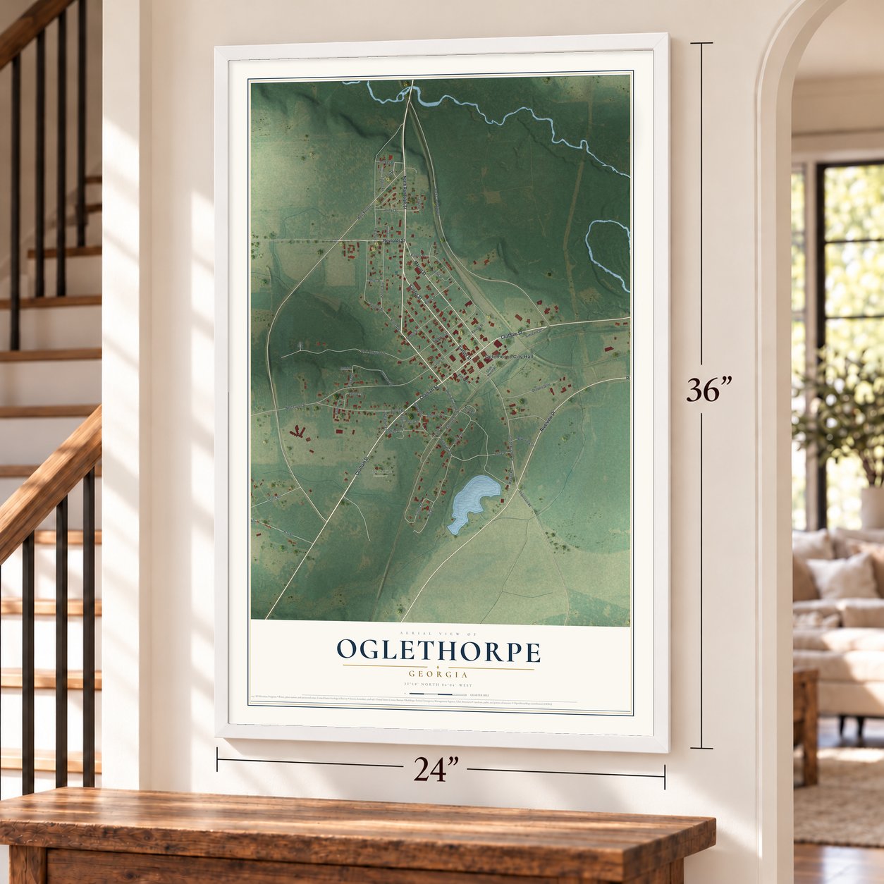 Oglethorpe, Georgia map, 24 x 36 inch print in a white frame by a staircase