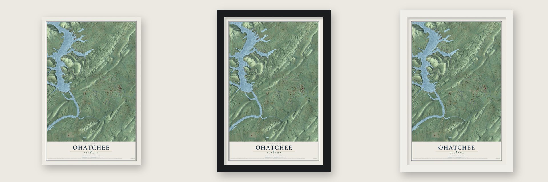 Ohatchee, Alabama map unframed, in a black wood frame and in a white wood frame