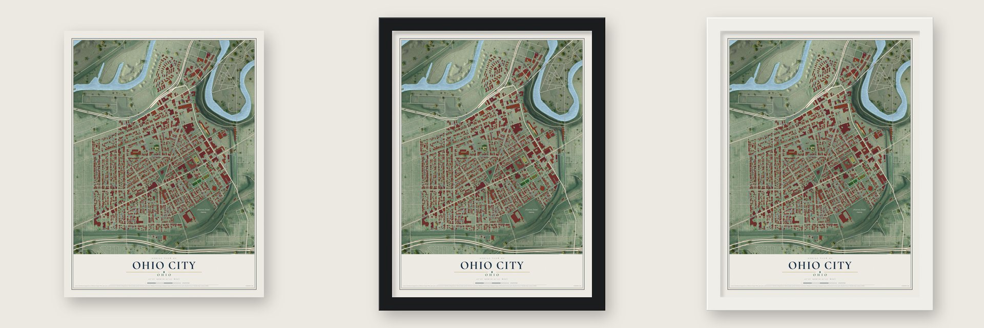 Ohio City, Cleveland, Ohio map unframed, in a black wood frame and in a white wood frame