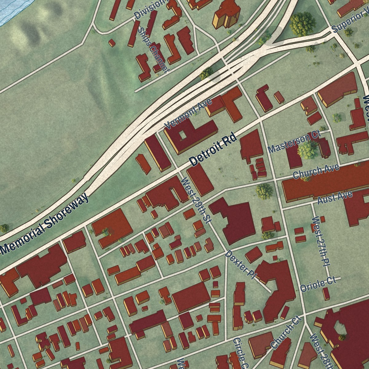 Second close-up of the map of Ohio City, Cleveland, Ohio print showing more streets and buildings