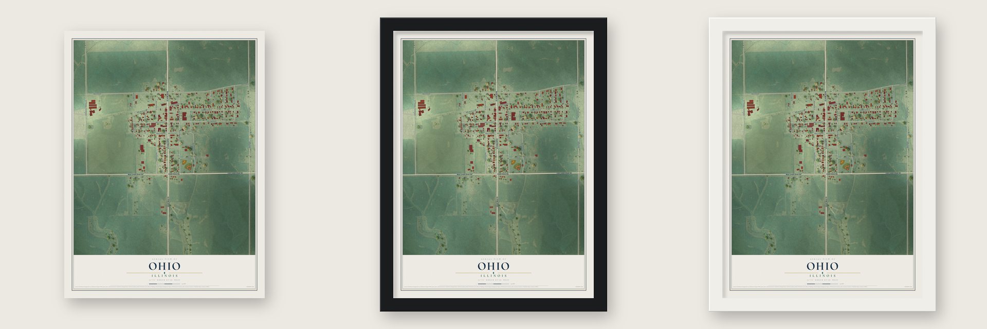 Ohio, Illinois map unframed, in a black wood frame and in a white wood frame