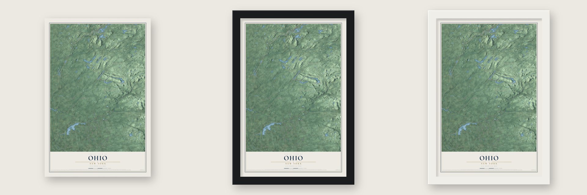 Ohio, New York map unframed, in a black wood frame and in a white wood frame