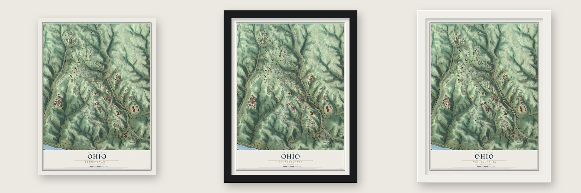 Ohio, Pennsylvania map unframed, in a black wood frame and in a white wood frame