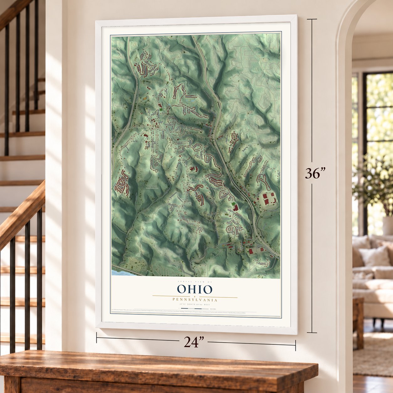 Ohio, Pennsylvania map, 24 x 36 inch print in a white frame by a staircase