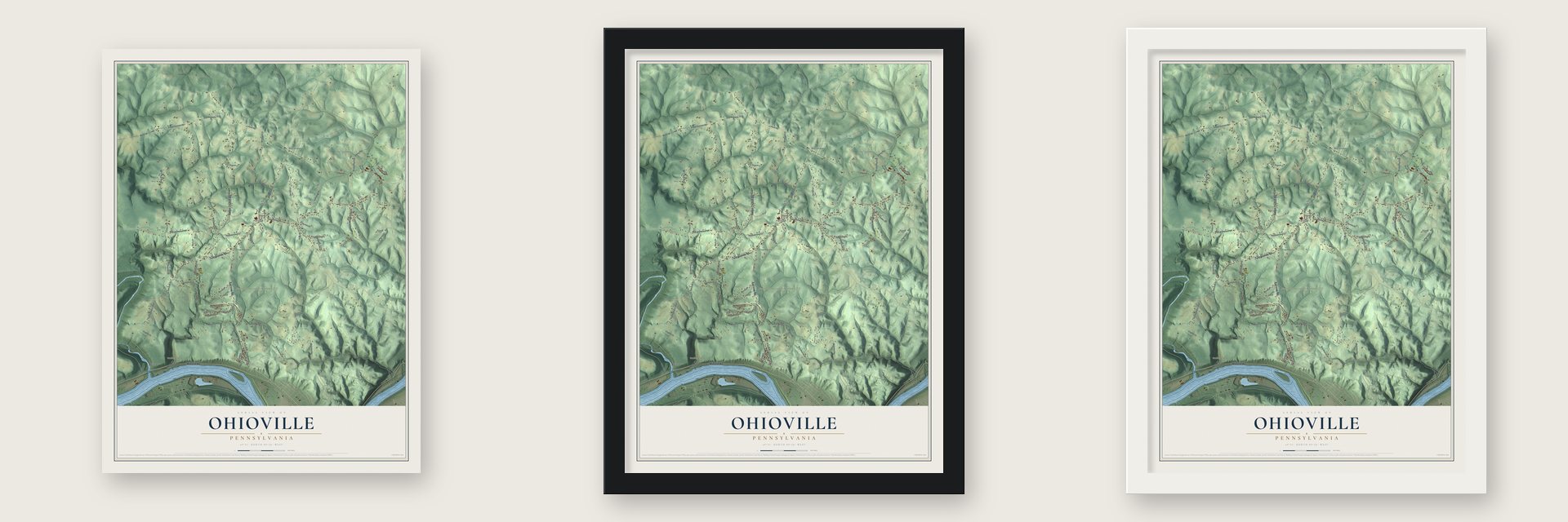 Ohioville, Pennsylvania map unframed, in a black wood frame and in a white wood frame