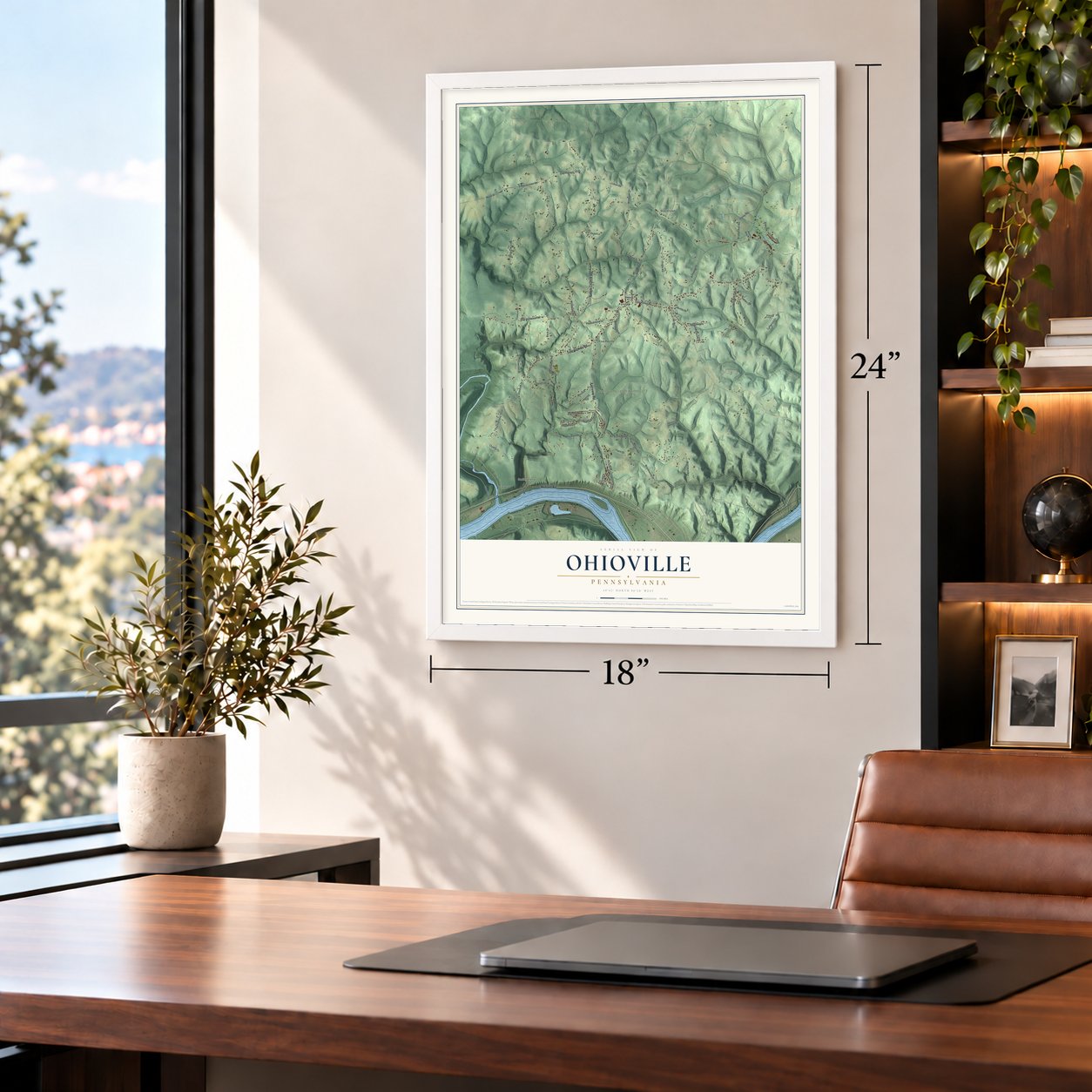 Ohioville, Pennsylvania map, 18 x 24 inch print in a white frame in a home office