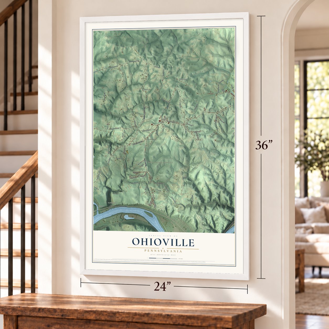 Ohioville, Pennsylvania map, 24 x 36 inch print in a white frame by a staircase