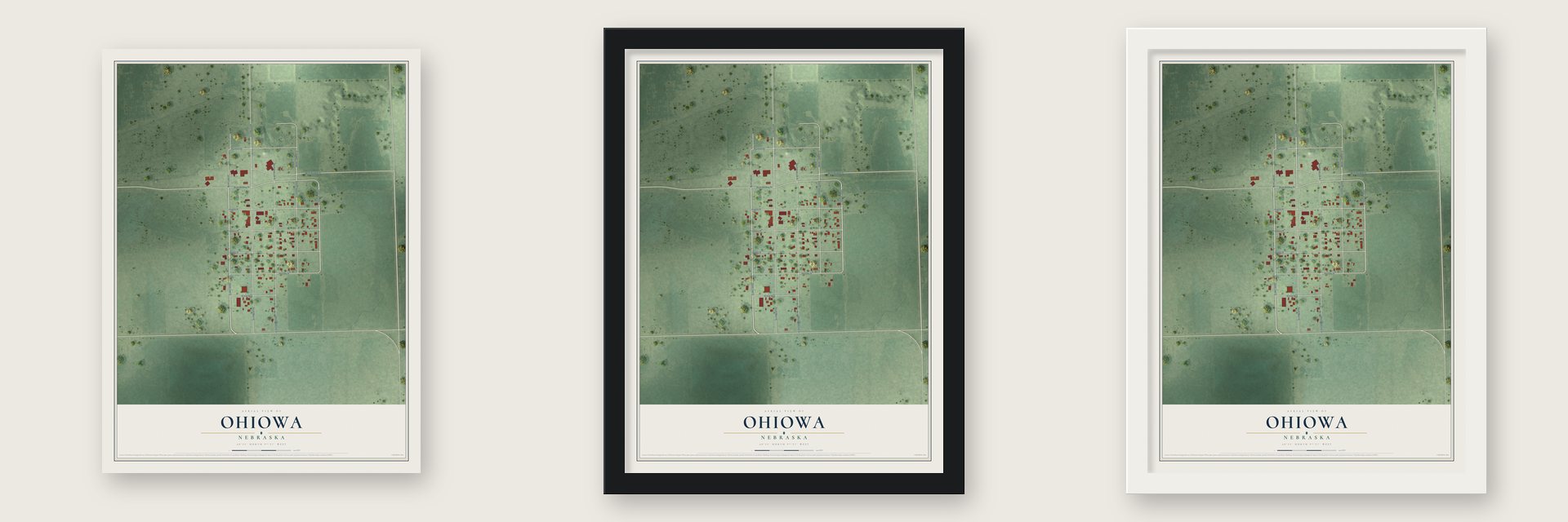 Ohiowa, Nebraska map unframed, in a black wood frame and in a white wood frame