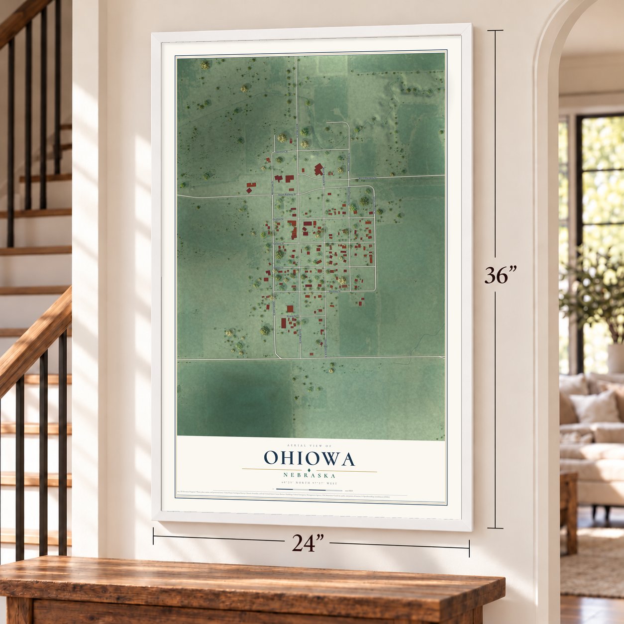 Ohiowa, Nebraska map, 24 x 36 inch print in a white frame by a staircase