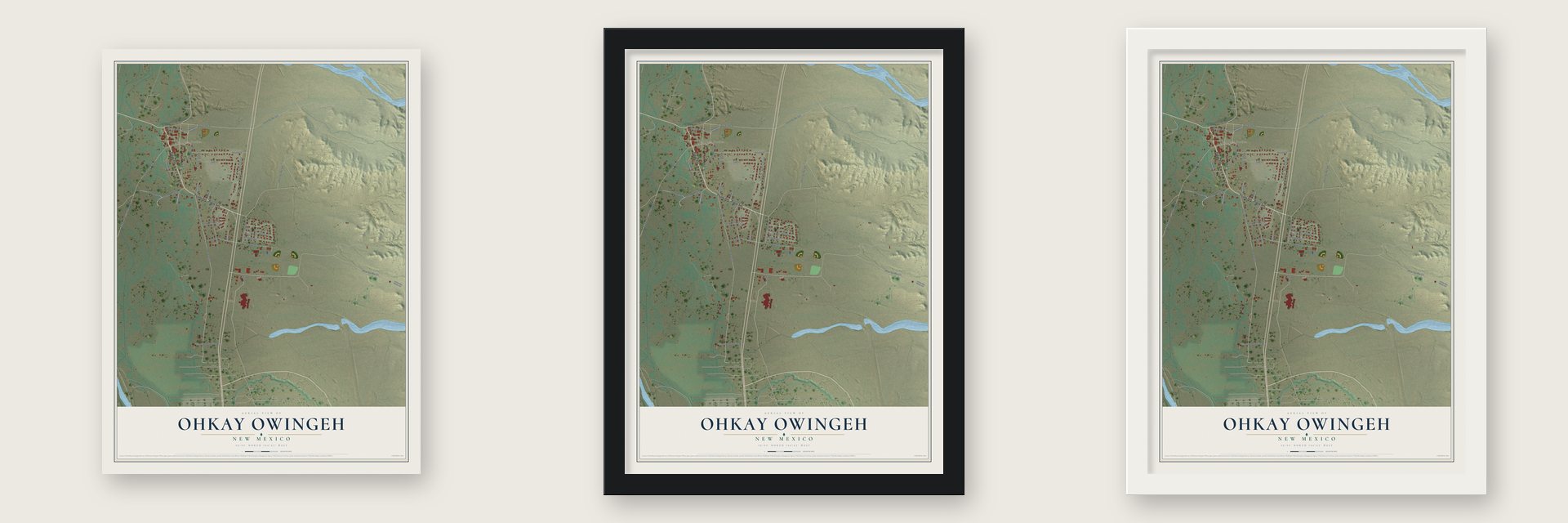 Ohkay Owingeh, New Mexico map unframed, in a black wood frame and in a white wood frame