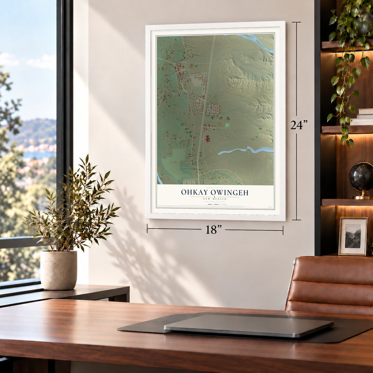 Ohkay Owingeh, New Mexico map, 18 x 24 inch print in a white frame in a home office