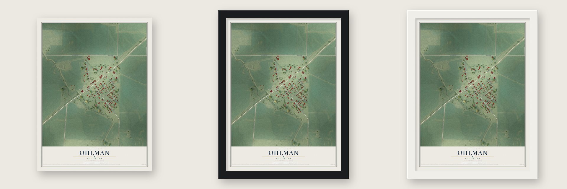 Ohlman, Illinois map unframed, in a black wood frame and in a white wood frame